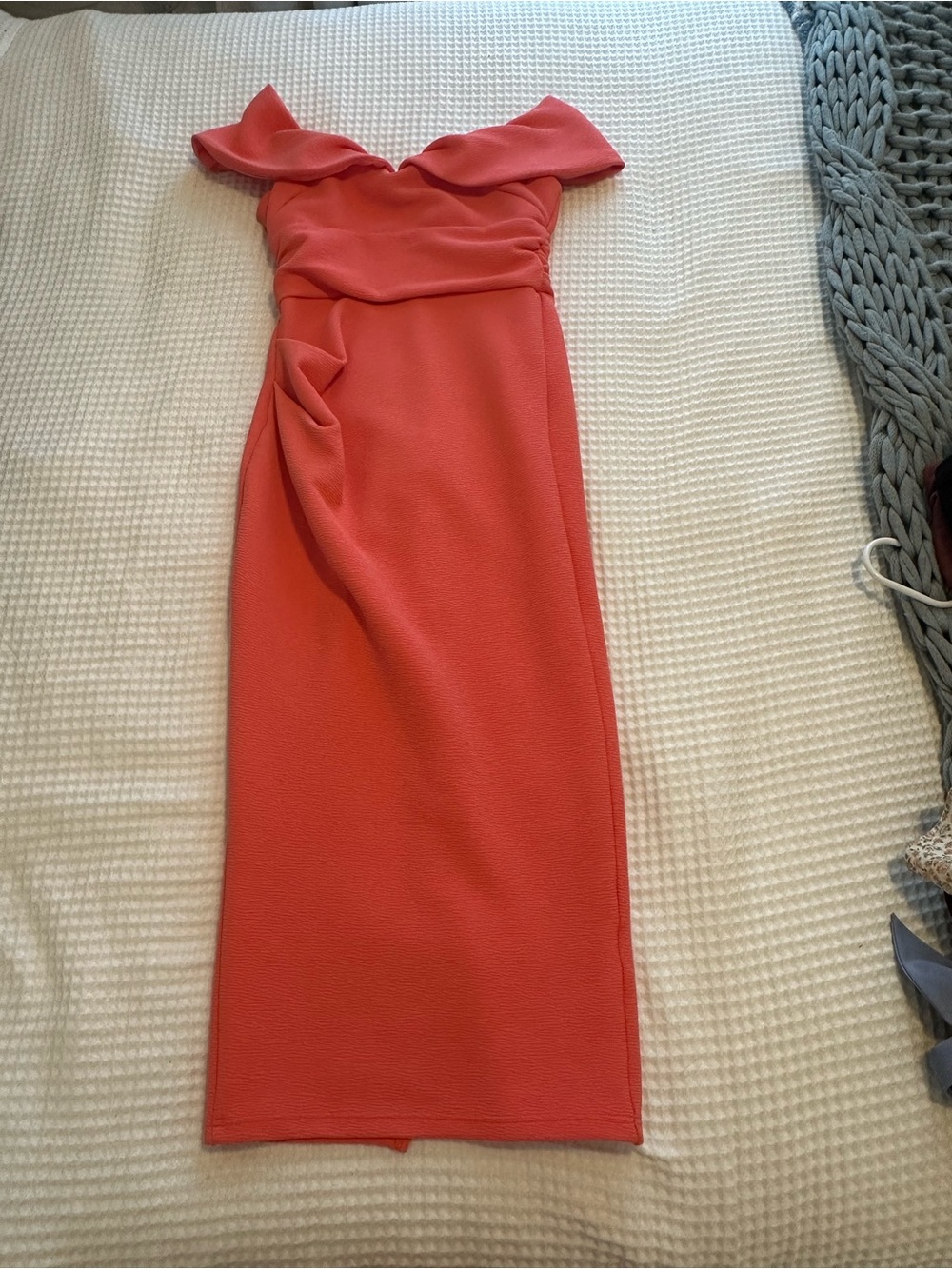 Off-Shoulder Coral Midi Dress with Fold-Over Neckline